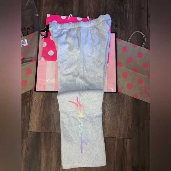 NEW VS PINK Size SMALL Grey with Rainbow Script Logo Boyfriend Sweatpant. - Picture 2 of 11